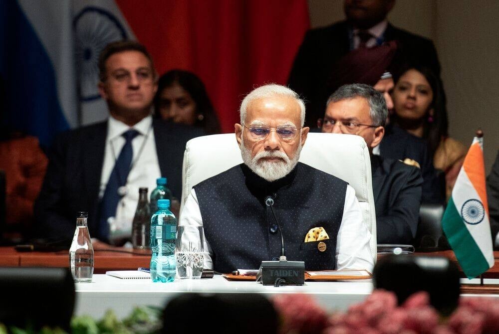 Indian Prime Minister Narendra Modi attends the Brics Summit in Johannesburg on Aug 23, 2023. (Photo by ALET PRETORIUS / POOL / AFP)