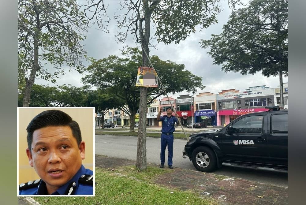 MBSA enforcers taking down illegal advertisements that are usually hung on lampposts and trees. Thumbnail: Sahrul Nizam