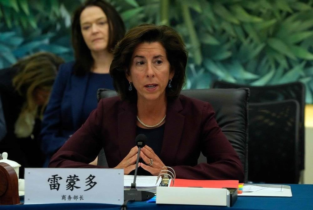 US commerce secretary Gina Raimondo (R) speaks during a meeting with China’s Commerce Minister Wang Wentao (not pictured) at the Commerce Ministry in Beijing on Aug 28, 2023. (Photo by Andy Wong / POOL / AFP)