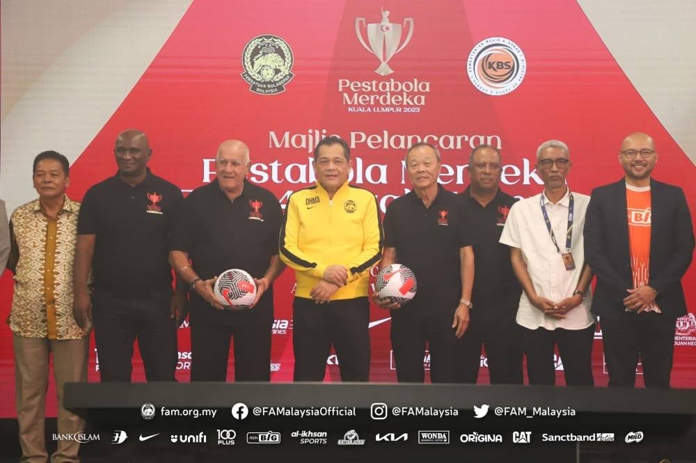 Zainal (second from left) and Dollah (third from right) at the launch of 2023 Pestabola Merdeka on Thursday. Photo: Football Association of Malaysia