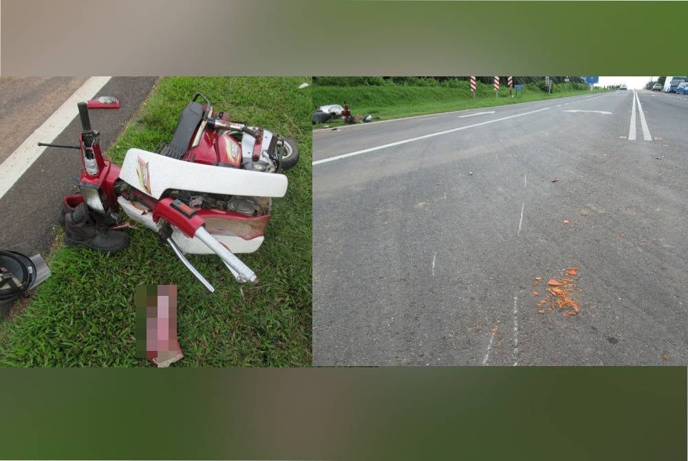 The condition of the motorcycle driven by the father at the scene of the accident at kilometre 16 Sua Betong-Air Kuning Road along with the condition of the scene on Thursday.