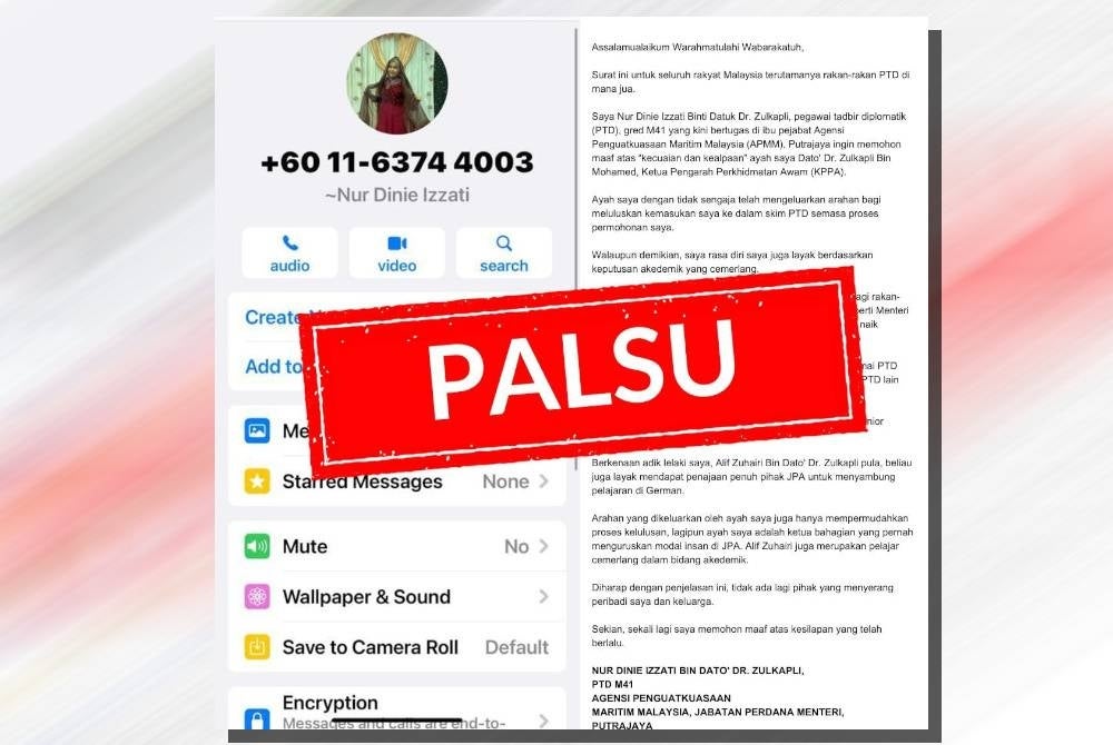 PSD denies a viral message on social media supposedly released by Dr Zulkapli's children.