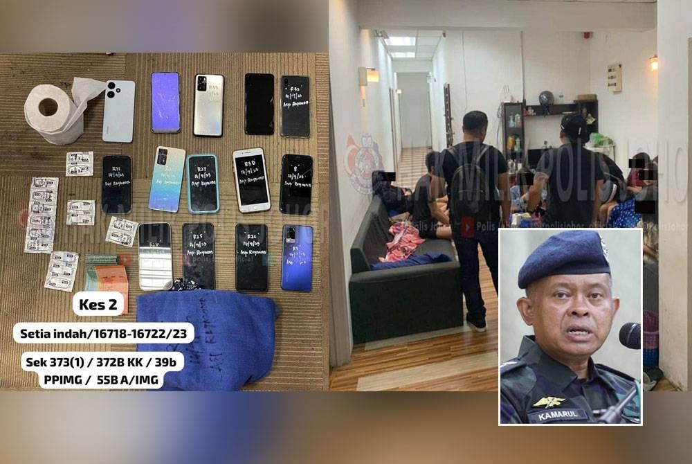 Some of the items seized in the raid (inset: Kamarul Zaman). Photo: Johor Police