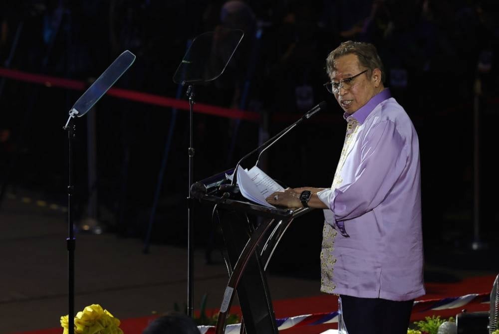 Abang Johari in a speech during the national-level Malaysia Day 2023 celebration held at the Perpaduan Stadium - BERNAMA PIX