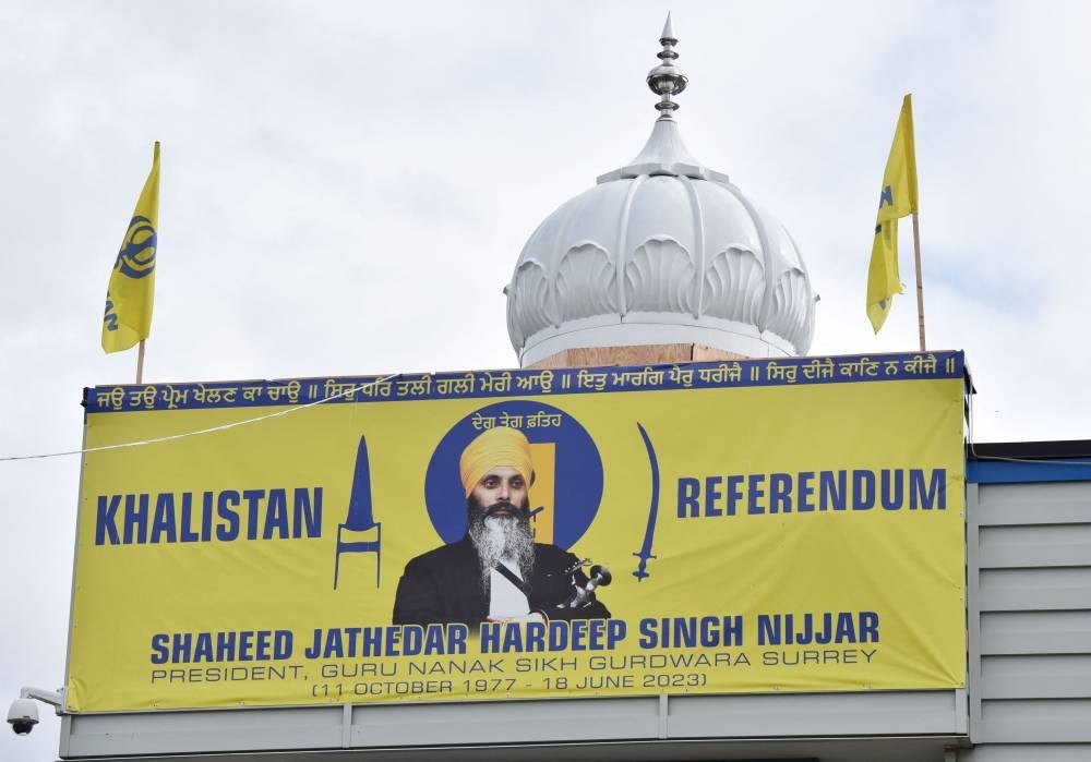 An image of former Gurdwara President Jathedar Hardeep Singh Nijjar is displayed at the Guru Nanak Sikh Gurdwara temple in Surrey, British Columbia, Canada, on September 19, 2023. - Photo by AFP