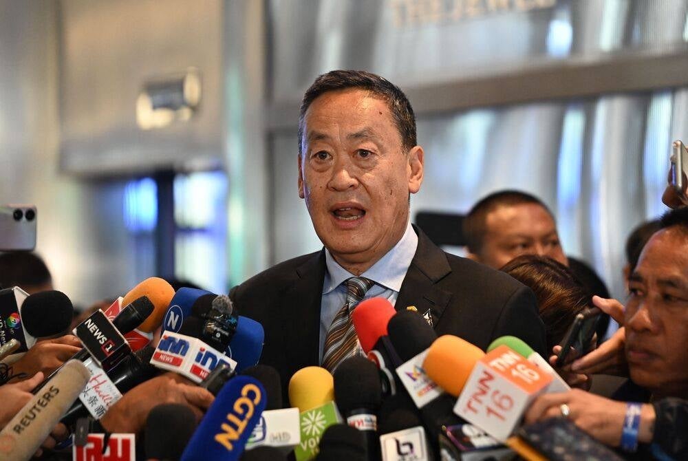 Thailand's Prime Minister Srettha Thavisin answers questions after attending the launch event for the technology hub "SCBX Next Tech" at the Siam Paragon shopping centre in Bangkok on Oct 4, a day after a shooting at the mall that left two people dead. (Photo by Lillian SUWANRUMPHA / AFP)