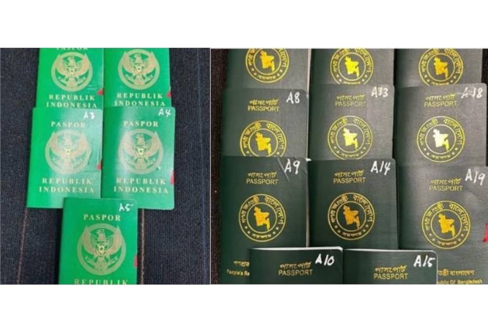 Inspection on the man’s backpack revealed 14 Bangladeshi passports and five Indonesian passports belonging to others. Photo: Police