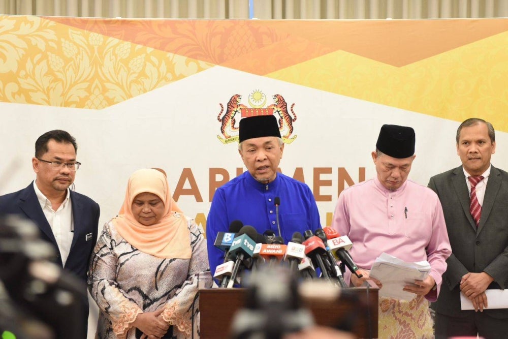Ahmad Zahid (centre) during the press conference after Budget 2024 at the Parliament Lobby on Friday