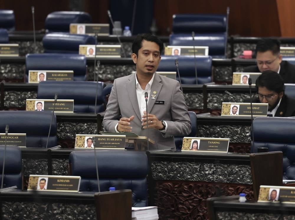 Youth and Sports Deputy Minister and Hang Tuah Jaya MP Adam Adli Abd Halim during a Parliament session, today. - Photo by Bernama
