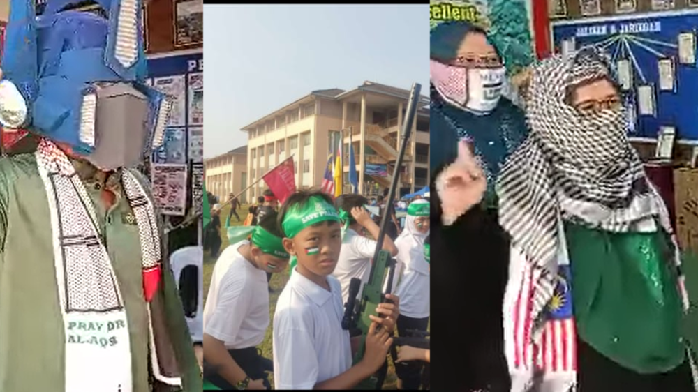 Teachers pretended to wield fake guns, imitating snipers, and used their hands to make gun symbols. @Siti Kasim (Facebook)