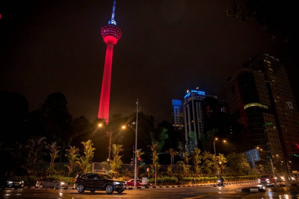 The KL Tower was lit up with colorful lights themed with the colors of the Turkish flag in conjunction with the celebration of the 100th anniversary of the establishment of the Republic of Turkey, on Sunday night. - Photo by BERNAMA