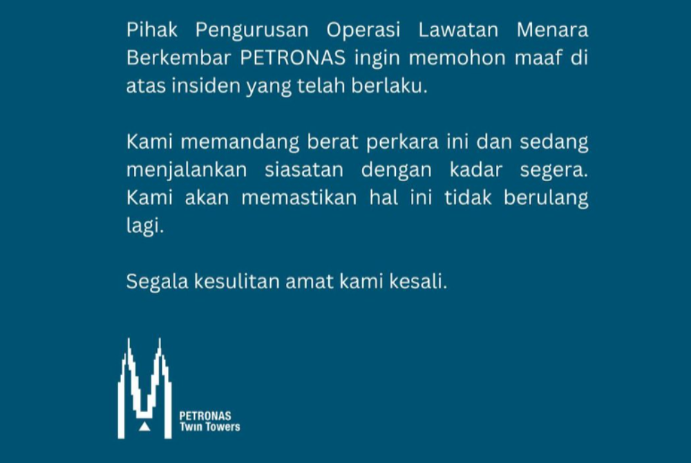 The apology statement released - Photo from Petronas Twin Towers Facebook 