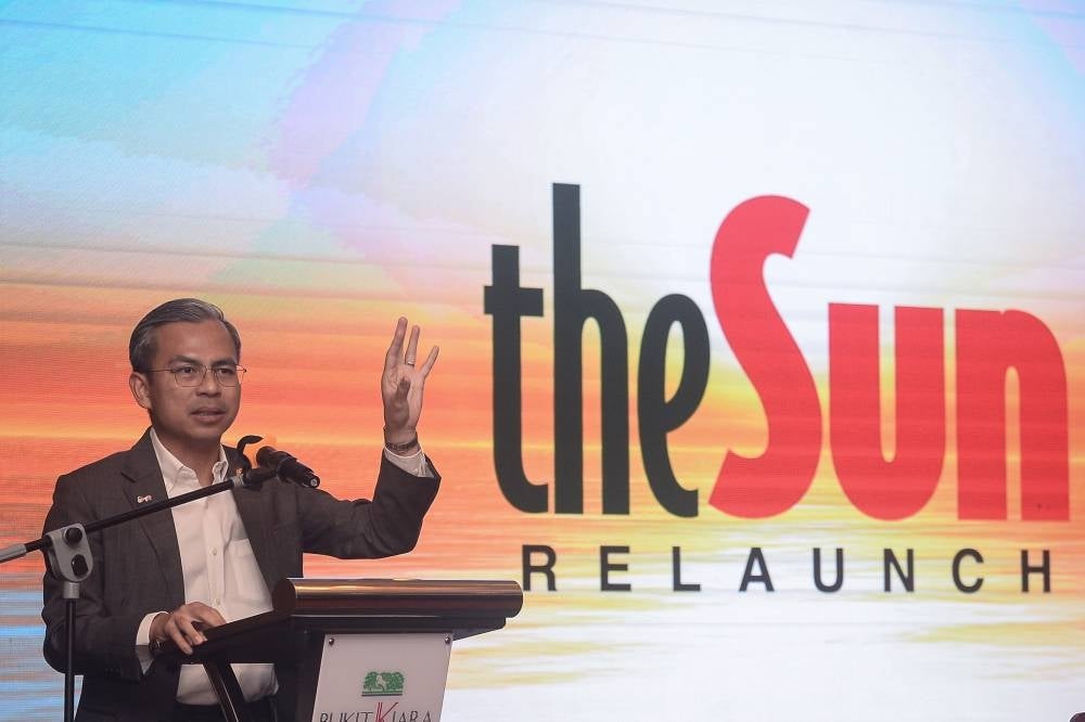 Communications and Digital Minister Fahmi Fadzil addressing the Relaunching of The Sun, today. - Photo by Bernama