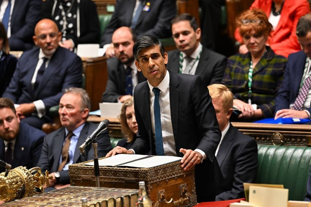 A handout photograph released by the UK Parliament shows Britain's Prime Minister Rishi Sunak speaking during a statement on the situation in Israel and Gaza in the House of Commons, in London, on Oct 16, 2023. (AFP PHOTO / Jessica Taylor /UK Parliament)