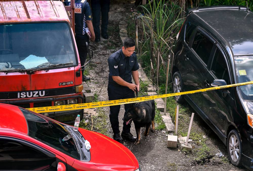 A dog from the Bukit Aman K9 tracker dog unit was brought to the location where the body of Zayn Rayyan Abdul Mattin, 6, was found, which is approximately 200 metres away from his residence at Idaman Apartment in Damansara Damai to assist in the investigation today. - Photo by Bernama