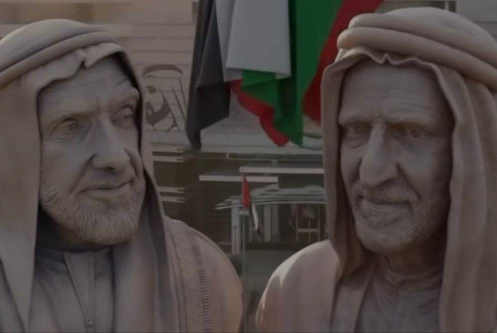 A screenshot from the AI generated video depicting the statues of UAE's founding fathers