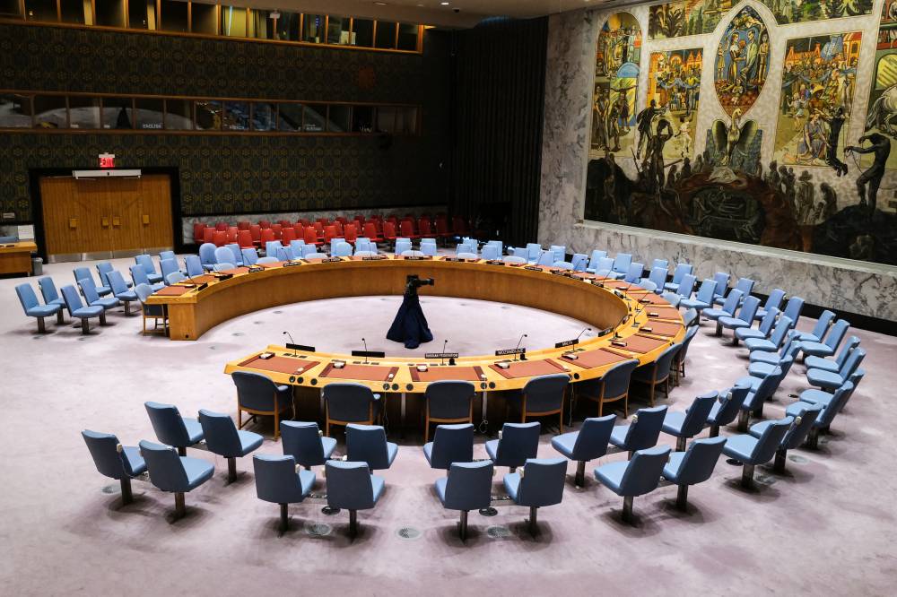 The empty Security Council Chamber is pictured at UN headquarters in New York City on Dec 20, 2023. - (Photo by CHARLY TRIBALLEAU / AFP)