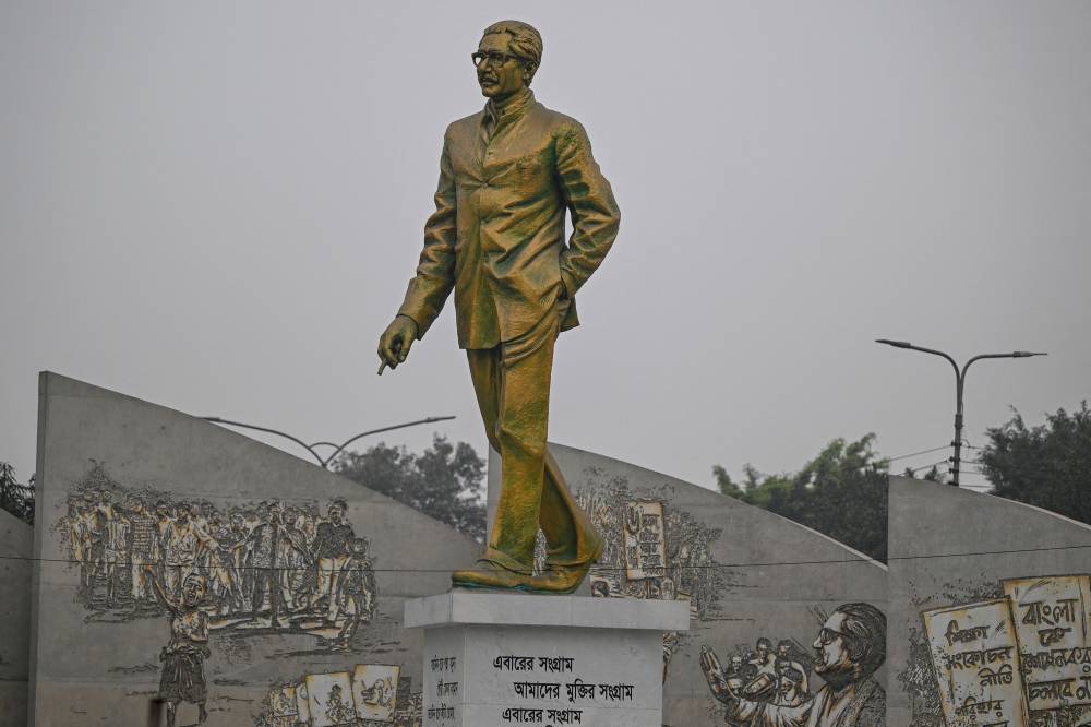 In this photograph taken on on January 3, 2024, a statue of Bangladesh's founding father Sheikh Mujibur Rahman is pictured in Dhaka. - Photo by AFP