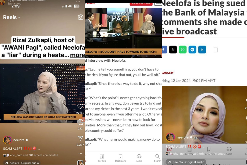 Screenshots from Neelofa's post on the fake articles that are linked to scams. Neelofa alerts public about deceptive links of news headlines with her name and image circulating on social media, urging people not to click on them. - Photo: INSTAGRAM / NEELOFA