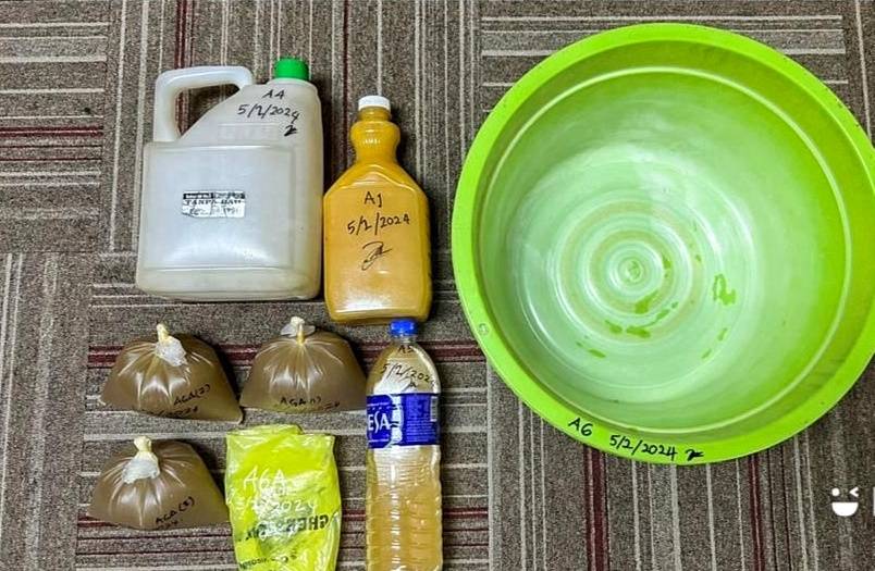 Liquid believed to be ketum seized from a house in Alor Gajah last night.