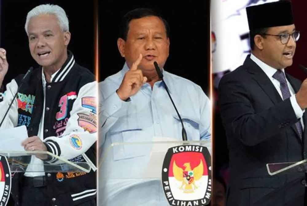 From left, Ganjar, Prabowo and Anies spoke at the last round of the presidential candidate debate (Capres) in Jakarta, Indonesia. Photo by AP