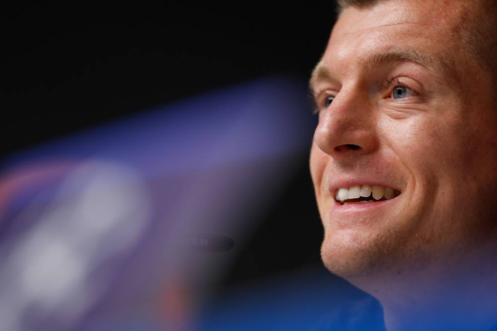 Real Madrid's German midfielder #08 Toni Kroos addressses a press conference on February 12, 2024, on the eve of the UEFA Champions League round of 16, first-leg football match between RB Leipzig and Real Madrid CF in Leipzig, eastern Germany. - Photo by AFP