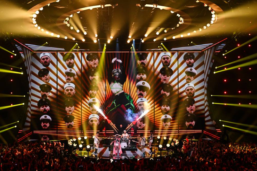 Rock band Let 3 performs on behalf of Croatia during the final of the Eurovision Song contest 2023 on May 13, 2023 at the M&S Bank Arena in Liverpool, northern England. (Photo by Paul ELLIS / AFP)