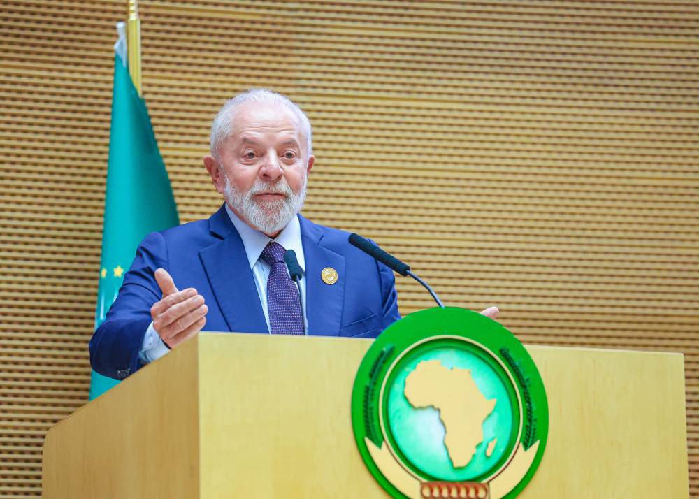 This handout picture released by the Brazilian Presidency shows Brazil's President Luiz Inacio Lula da Silva speaking during the opening ceremony of the 37th Ordinary Session of the Assembly of the African Union (AU) at the AU headquarters in Addis Ababa on February 17, 2024. - Photo by AFP