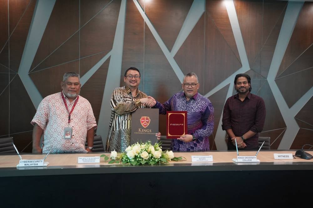 Towards greater cybersecurity education and research - (from left) Lt.Kol.Mustaffa Ahmad, Senior Vice-President Outreach & Capacity Building of CSM; Amirudin, Mohamad Salmi and Murugan Veloo, co-founder of Kings at the recent MoU signing, February 19, 2024