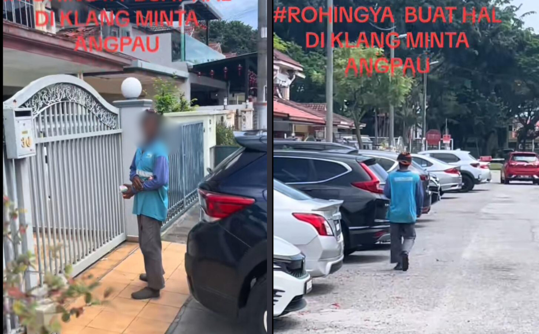 Screenshots showing a foreign man standing outside a house, holding a mandarin orange and colored pencils, presumably seeking angpao from the house. - Taken from @maxxtan5001's TikTok account. 