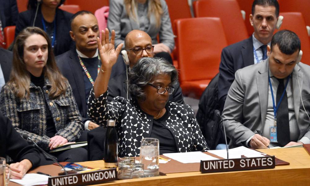 US Ambassador to the UN Linda Thomas-Greenfield casts a veto vote during a UN Security Council meeting on the Israel-Hamas war, at UN Headquarters in New York City on Feb 20, 2024. - (Photo by ANGELA WEISS / AFP)
