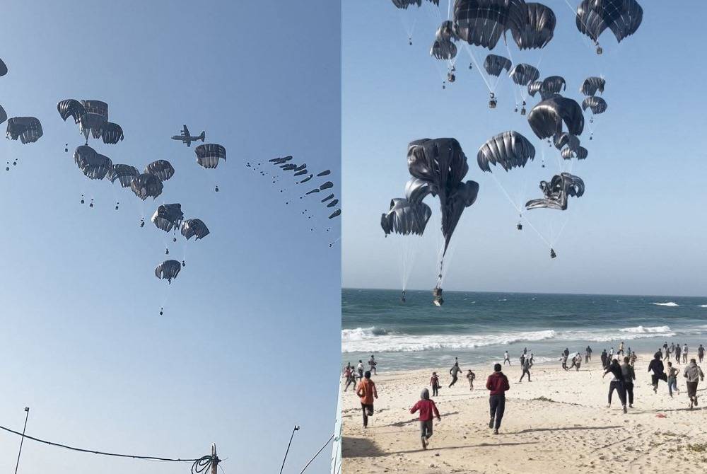 A US aircraft carrying food parcels flies above a beach in the Gaza Strip before dropping the humanitarian aid attached to parachutes. Photo by AFP