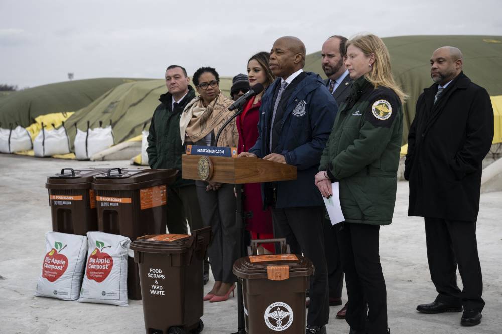 New York City Mayor Eric Adams speaks during a ribbon cutting ceremony celebrating the expansion of capacity at the Department of Sanitation (DSNY) Staten Island Compost Facility on January 4, 2024, in New York. (Photo by ANGELA WEISS / AFP)