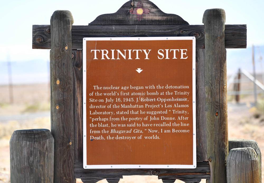A sign for the Trinity test site, near White Sands, New Mexico on February 21, 2024. The events of 5:30 am on July 16, 1945, when the world's first atomic bomob exploded, are now best known to millions from their dramatic re-enactment in the Oscar-tipped movie 