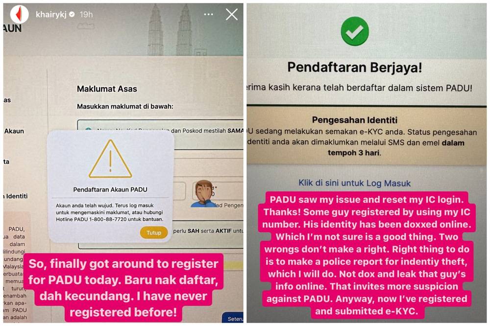 Screenshots from Khairy's stories on Instagram.