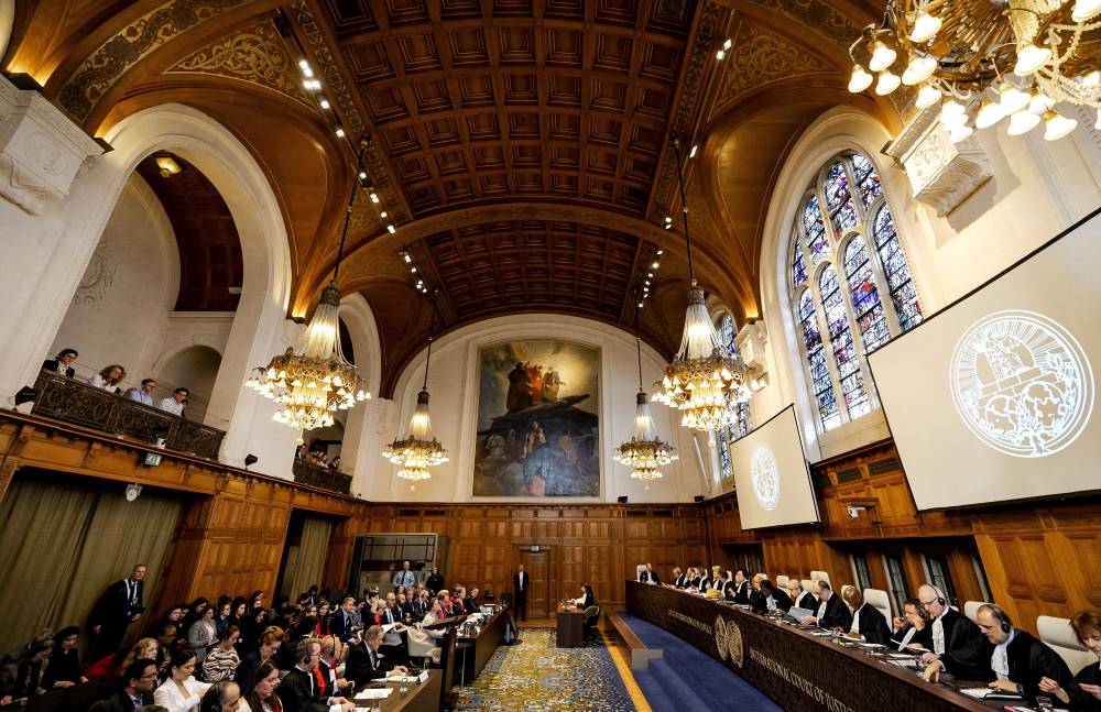 An overview of the court during a hearing at the ICJ filed by Nicaragua against Germany over the financial and military aid that the European country provides to Israel and the lifting of subsidies to the aid organisation UNRWA, in the Hague on April 8, 2024. - (Photo by Robin van Lonkhuijsen / AFP)