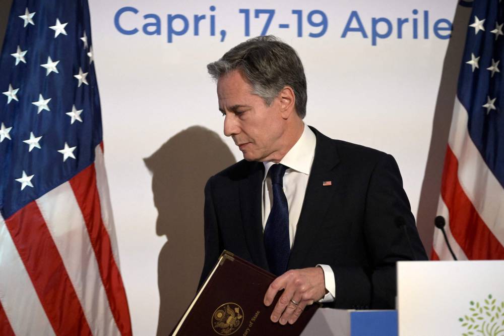U.S. Secretary of State Antony Blinken leaves after a press conference on the last day of the G7 foreign ministers meeting on the small island of Capri on April 19, 2024. (Photo by AFP)