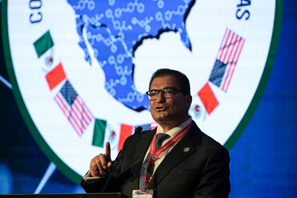 Mexican Director of the Criminal Investigation Agency, Felipe de Jesus Gallo, delivers a speech during the opening ceremony of the Multilateral Conference on Synthetic Drugs in Mexico City on April 23, 2024. (Photo by AFP)
