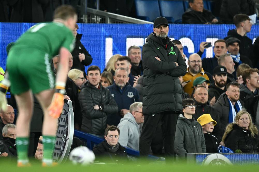 Liverpool's German manager Jurgen Klopp reacts during the English Premier League football match between Everton and Liverpool at Goodison Park in Liverpool, north west England on April 24, 2024. (Photo by AFP)