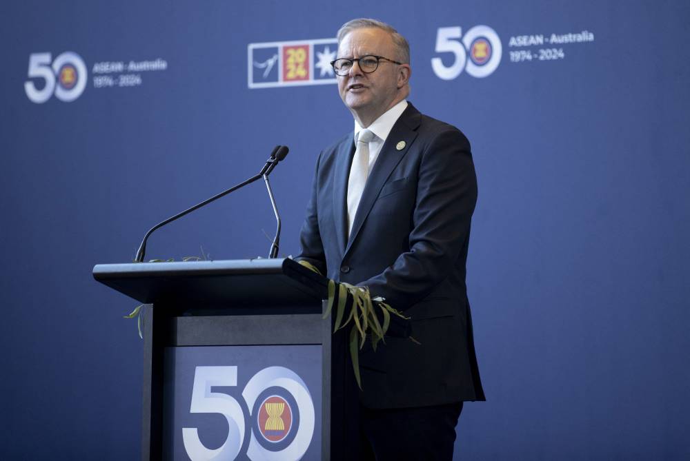 This handout photo taken and released on March 5, 2024 by the Asean-Australia Special Summit 2024 shows Australia's Prime Minister Anthony Albanese addressing the reception for the Asean-Australia Special Summit 2024 in Melbourne. - (Photo by Arsineh Houspian / ASEAN-Australia Special Summit 2024 / AFP)