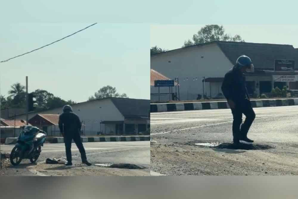 In a video shared on TikTok, the man can be seen pouring tar into potholes on a local road.