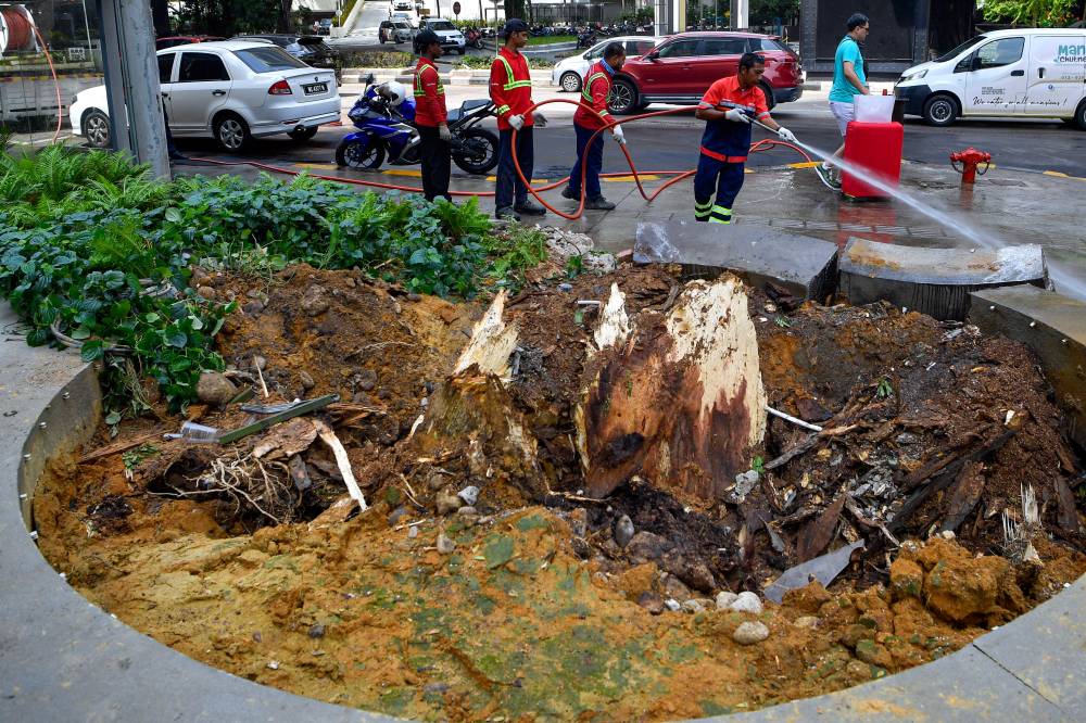 Alamflora workers cleaning up the aftermath of fallen branches and tree trunks at Jalan Sultan Ismail, Kuala Lumpur. - Photo by Bernama