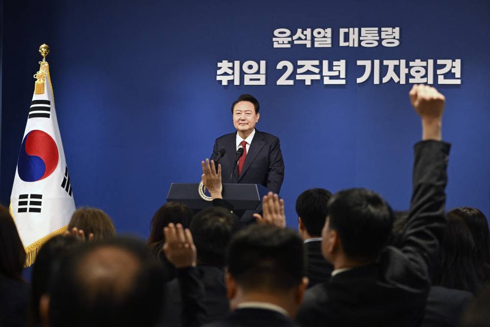 South Korea's President Yoon Suk Yeol attends a press conference marking two years in office at the presidential office in Seoul on May 09, 2024. (Photo by SONG Kyung-Seok / POOL / AFP)
