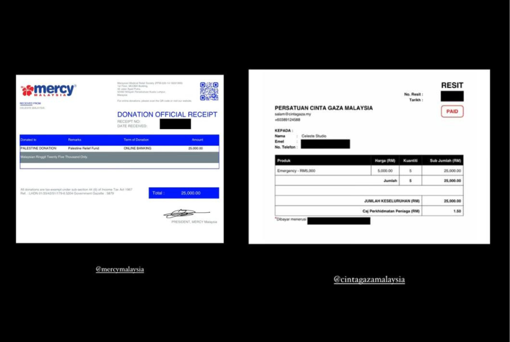 Daiyan shared proof of payment receipts for donations to help the war victims in Palestine through four different organisations, with the total donations amounting to RM100,000.