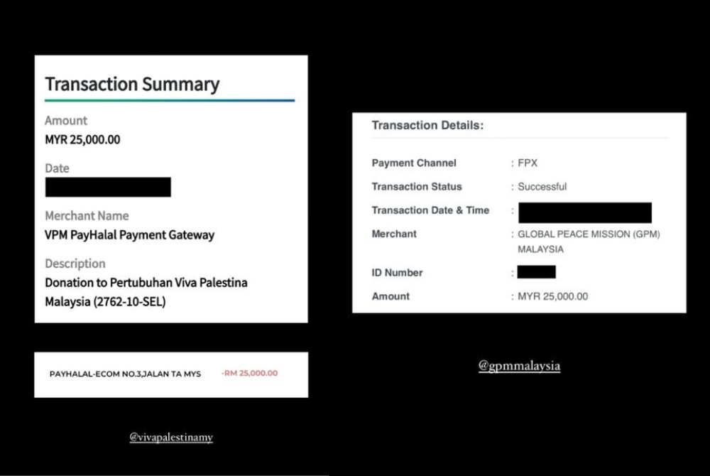 Daiyan shared proof of payment receipts for donations to help the war victims in Palestine through four different organisations, with the total donations amounting to RM100,000.