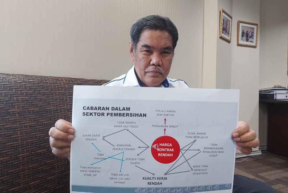 Noruddin showing a chart of problems in the cleaning sector caused by low contract prices.

