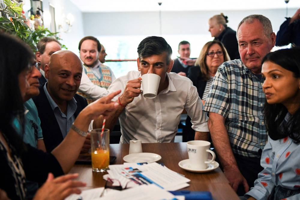 Britain's Prime Minister and Conservative Party leader Rishi Sunak attends a Conservative general election campaign event in Stanmore, London, in May 26, 2024. (Photo by AFP)