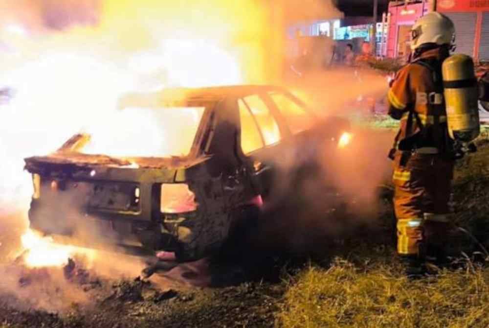 The fire involved a Proton Saga Iswara car, which was about 90 per cent engulfed in flames. - Photo courtesy of JBPM Perak.
