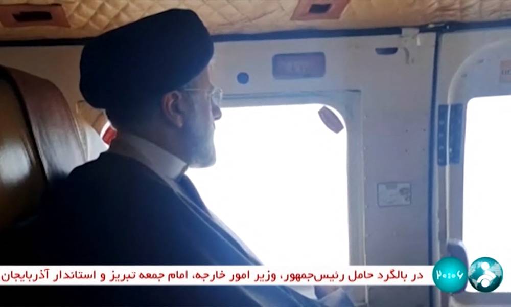 Former Iran president Ebrahim Raisi on board a helicopter in the Jolfa region of the western province of East Azerbaijan. Photo by IRINN / AFP