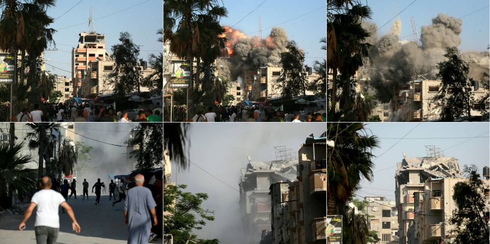 The moments before and after an Israeli air strike targeted a residential building in the city of Bureij, in the central Gaza Strip. Photo by Bashar Taleb/AFP.